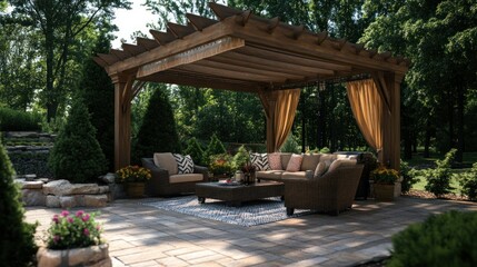 Wooden pergola with patio furniture and landscaping in a backyard setting.