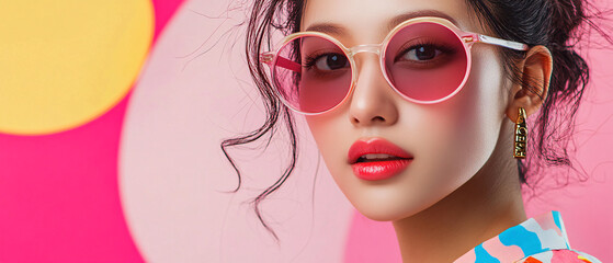 Obraz premium Stylish Woman in Pink Sunglasses Posing Against Vibrant Background