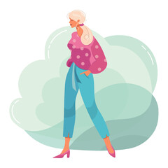 Offended woman turns away. Depressed girl in pink blouse after quarrel. Flat vector illustration.