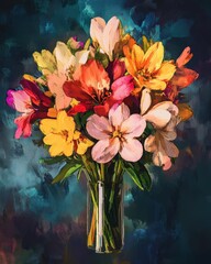 Flowers background with multicolored bouquet of summer flowers oil painting. Generative Ai.