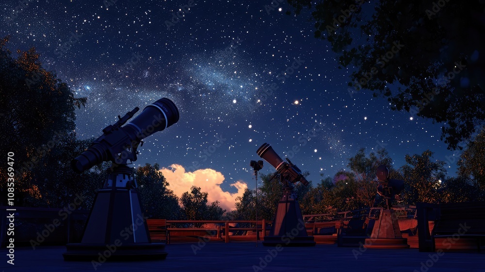 Wall mural three telescopes are pointed towards a breathtaking night sky filled with stars and a galaxy. the sc