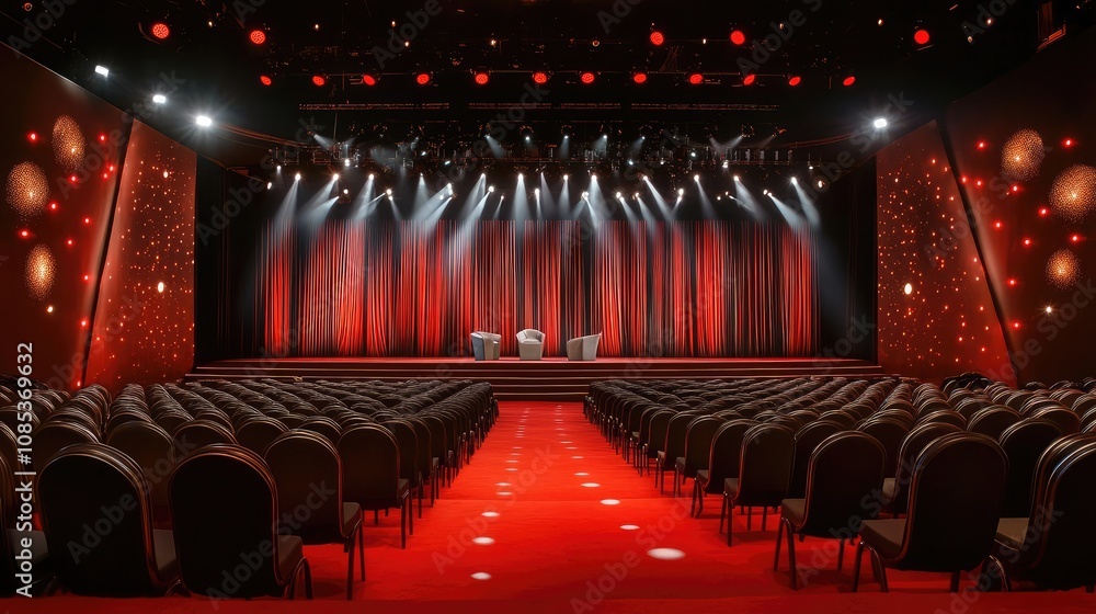 Poster empty auditorium with red carpet and stage, ready for a performance or event. the dark chairs and re