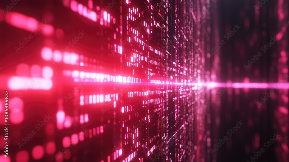 Fototapete Abstract digital data stream. Glowing pink binary code flows into the distance, creating a vibrant and futuristic visual.