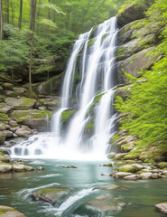 Fototapeta premium Big waterfall on rocky mountain at night 