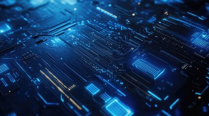 Obraz premium Abstract close-up of a futuristic circuit board with glowing blue lines, showcasing intricate technological detail and a sense of innovation.