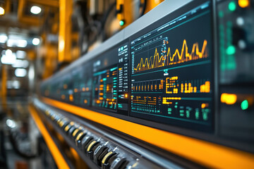 Naklejka premium Sustainable Industrial Factory Practices. A close-up view of a control panel displaying colorful graphs and data readouts, indicative of advanced technology in monitoring systems.