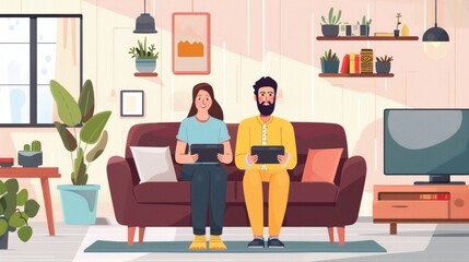 A well-lit living room with a man and woman on a red sofa using tablets. Modern decor, TV, plants, and dining table. Casual, relaxed atmosphere.