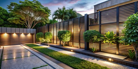 Naklejka premium Stylish and Modern Metal Fence Design for Yard Enclosure Featuring Horizontal Sections, Perfect for Contemporary Outdoor Spaces and Landscaping Aesthetics