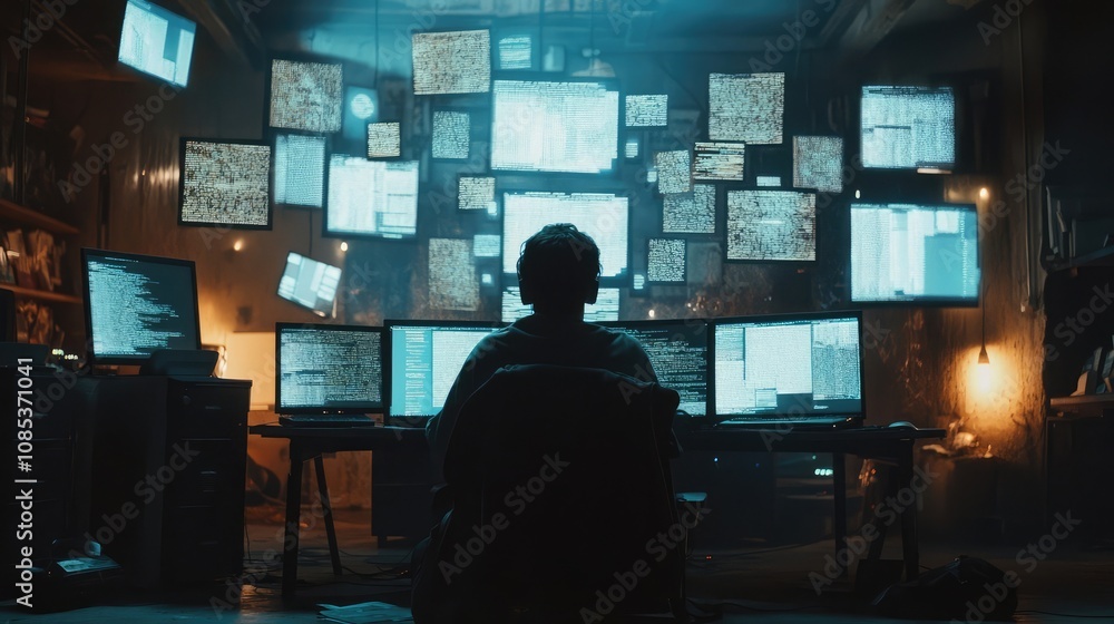 Aufkleber silhouette of a person sitting in front of multiple computer screens displaying lines of code, creat