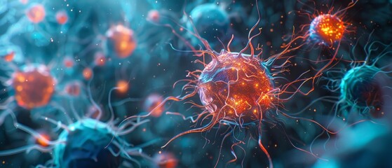 Image shows red virus cells on a dark blue background, creating an eerie, electrically charged vibe.