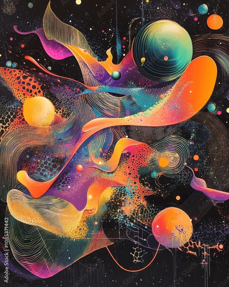 Poster colorful orbs and flowing shapes in a cosmic display of abstract art against a dark background