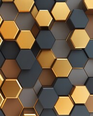 Obraz premium Hexagonal 3D shape texture wall with gold, brown, gray, and black background. Abstract futuristic luxurious geometric technology hexagon background banner illustration 3d.