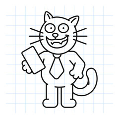 Doodle black cat holds smartphone and smiles