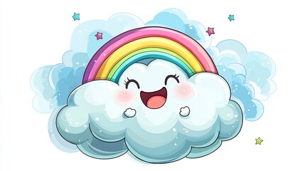 Cheerful Cartoon Cloud Holding Colorful Rainbow in Whimsical Sky Scene