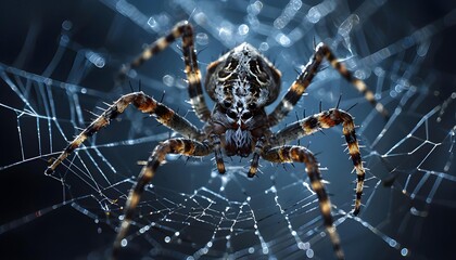 Close-up of spider on dew-covered web, eerie atmosphere, perfect for Halloween themes