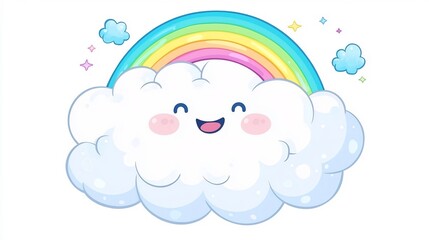 Cheerful Cartoon Cloud Holding Rainbow in Playful Sky Scene