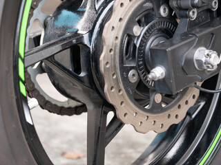 High-performance motorcycle brake system urban area photography outdoor close-up engineering precision