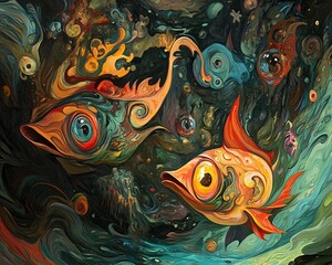 Obraz premium Psychedelic underwater scene with two vibrant, stylized fish swimming amidst swirling colors and abstract forms. Surreal, digital art.