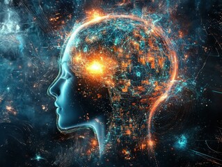 Digital background perfect for tech processes, neural networks, artificial intelligence, data transfer and encryption, digital archives, sound and graphic presentations, science, education, etc