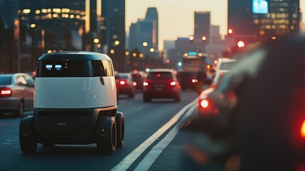 A small, autonomous delivery vehicle navigates a city street at dusk.  The vehicle is white and black, and stands out against the blurred backdrop of city lights and traffic.