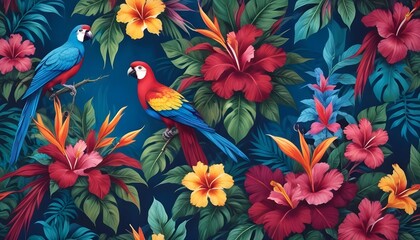 Tropical exotic pattern with animal and flowers in bright colors and lush vegetationn