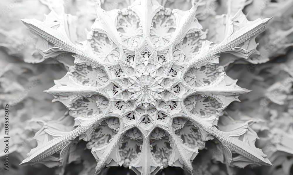 Poster an intricate geometric crystal-like pattern with white clean lines promoting a sense of order and pr