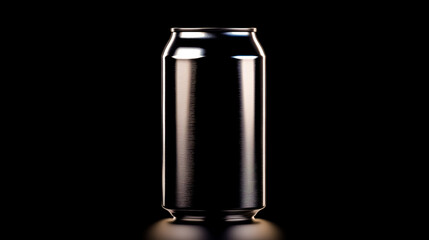 A sleek, steel can of lager placed against a black background.