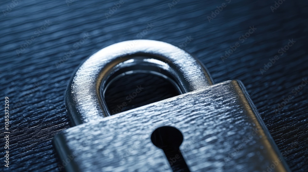 Poster close-up of a metallic padlock on a dark textured surface. the cool tones and detailed texture creat