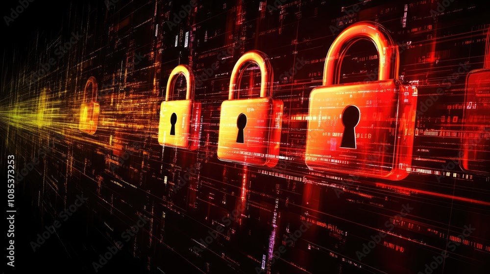 Poster abstract digital security concept. glowing padlocks stream across a background of binary code, symbo