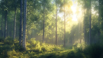 Obraz premium A beautiful forest panorama with tall trees and sunset background