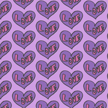 Seamless pattern Happy Valentine's Day in pastel colours of hearts purple