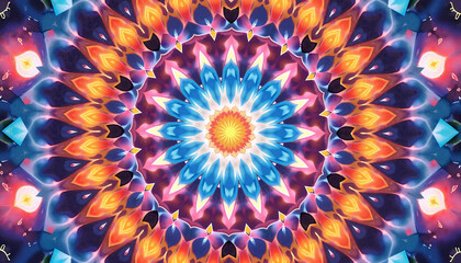 Colorful kaleidoscopic mandala with intricate designs and vibrant hues