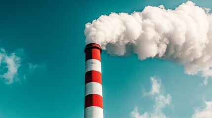 Industrial Emissions: A red and white striped smokestack billows thick white smoke against a vibrant blue sky, a stark visual representation of industrial pollution and environmental impact.