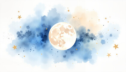 Naklejka premium Dreamy watercolor scene of a full moon surrounded by stars and soft blue clouds