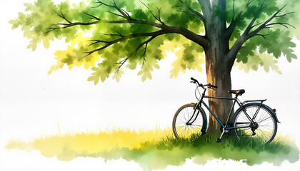 Fototapeta premium Bicycle resting under a tree with a peaceful atmosphere in a watercolor style 