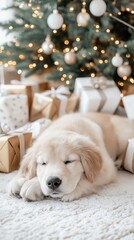A Cute Golden Retriever Puppy Gently Sleeping Peacefully by the Beautiful Christmas Tree