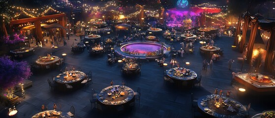 Fototapeta premium Birds-eye view of a vibrant fantasy world, intricate culinary arts, glowing with innovative lighting