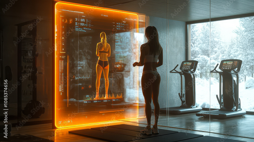 Poster interactive smart workout mirror with real-time metrics and virtual trainer in modern home gym