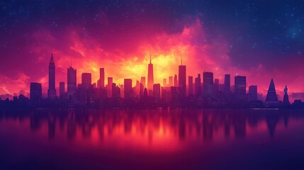 Fototapeta premium Flat 2D illustration of tall buildings, bright sky with clouds. famous architectural landmarks of cities