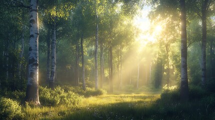 Obraz premium A beautiful forest panorama with tall trees and sunset background