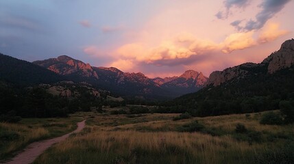 Obraz premium Serene Sunset Over Majestic Mountains and Open Fields