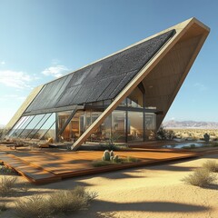 Desert Modernist Dream Home:  A stunning architectural marvel nestled in the desert landscape, featuring solar panels seamlessly integrated into its striking design.