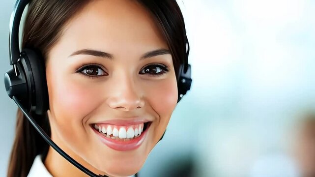 Smiling customer service rep in bright office, helping clients over phone, exuding confidence and professionalism. Cheerful and friendly, approachable and reliable