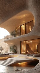 Desert Oasis Modern Architecture: A stunning architectural visualization of a luxurious desert home seamlessly integrated into the landscape, featuring organic curves, warm lighting.