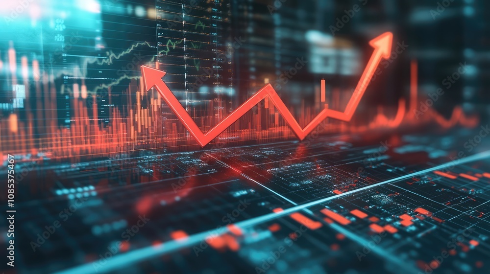 Poster abstract 3d rendering of a stock market graph showing growth and progress in finance. red arrow risi