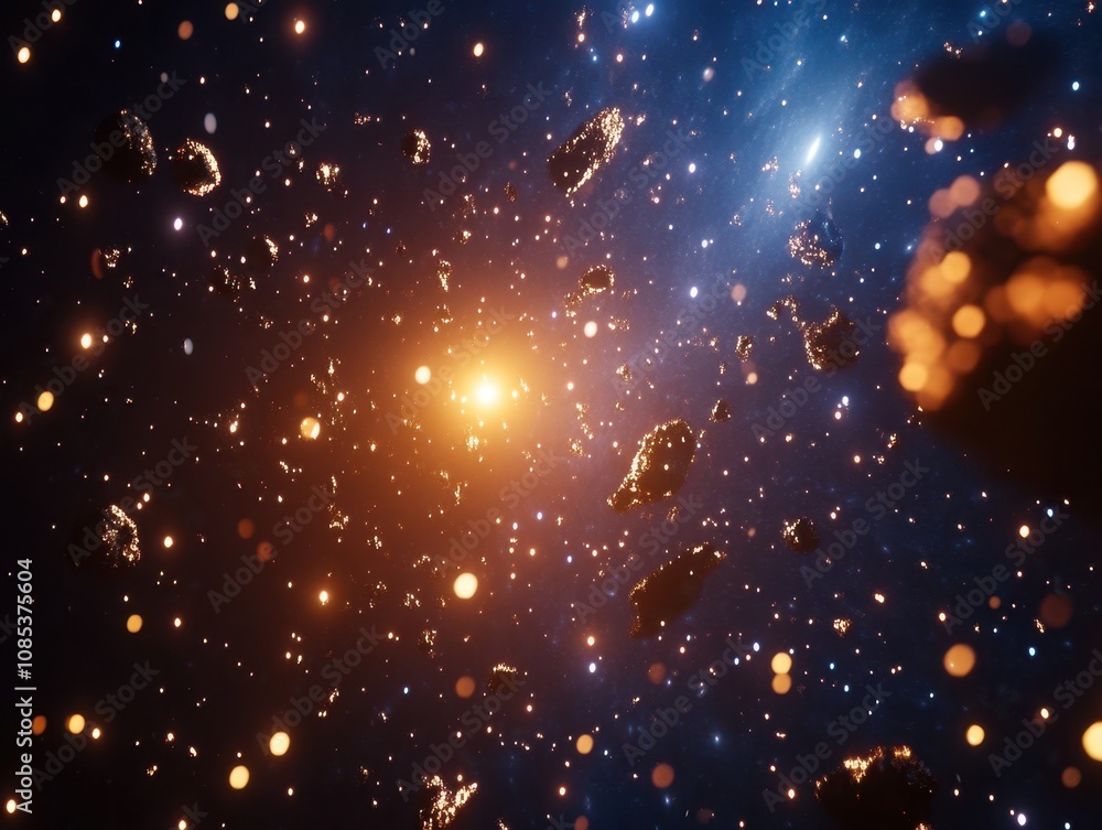 Poster asteroids and cosmic particles floating in space with bright stars and glowing debris during a vibra