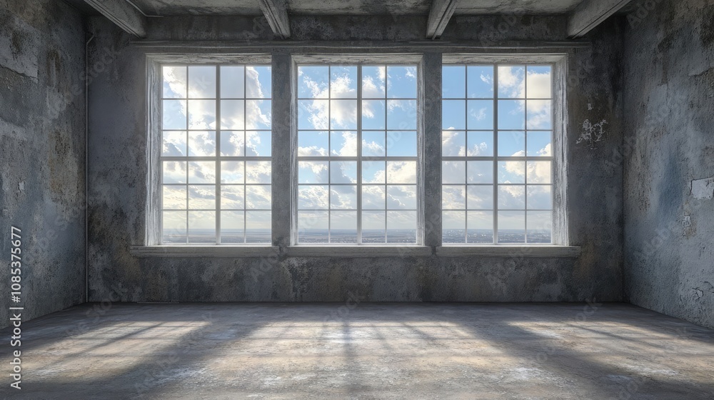 Poster sunlight streams through large windows in a rustic, empty room. the worn walls and floor create a mo