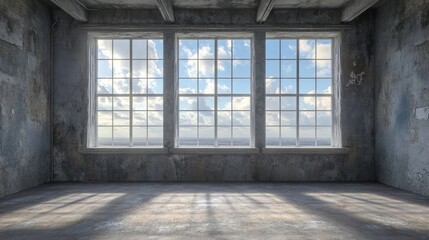 Sunlight streams through large windows in a rustic, empty room. The worn walls and floor create a moody atmosphere, contrasting with the bright, airy view outside.