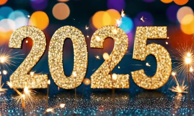 Sparkling and Shimmering Gold Numbers Representing the New Year 2025 Surrounded by Colorful Bokeh Lights and Festive Elements for Celebration and Joy
