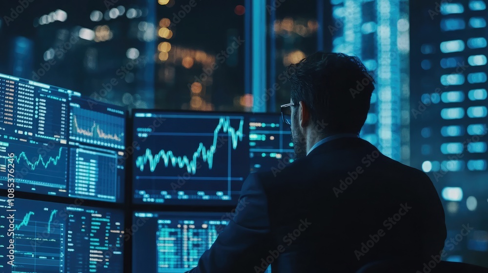 Poster a man sits before multiple screens displaying stock market data, analyzing graphs and charts in a ni
